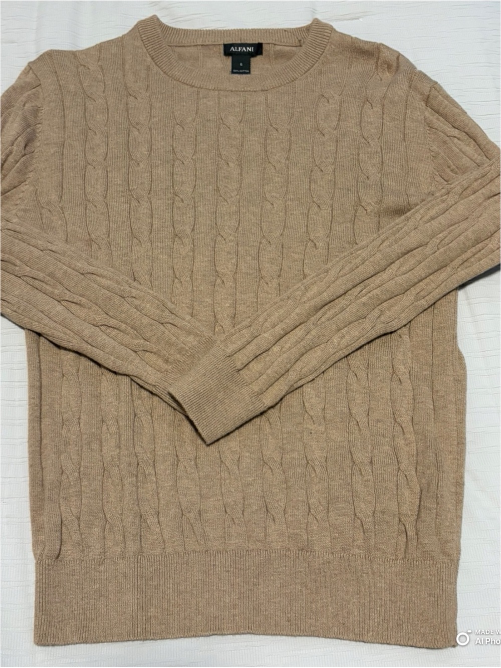 Alfani Men's Cable Crewneck Sweater in Beige-Tan